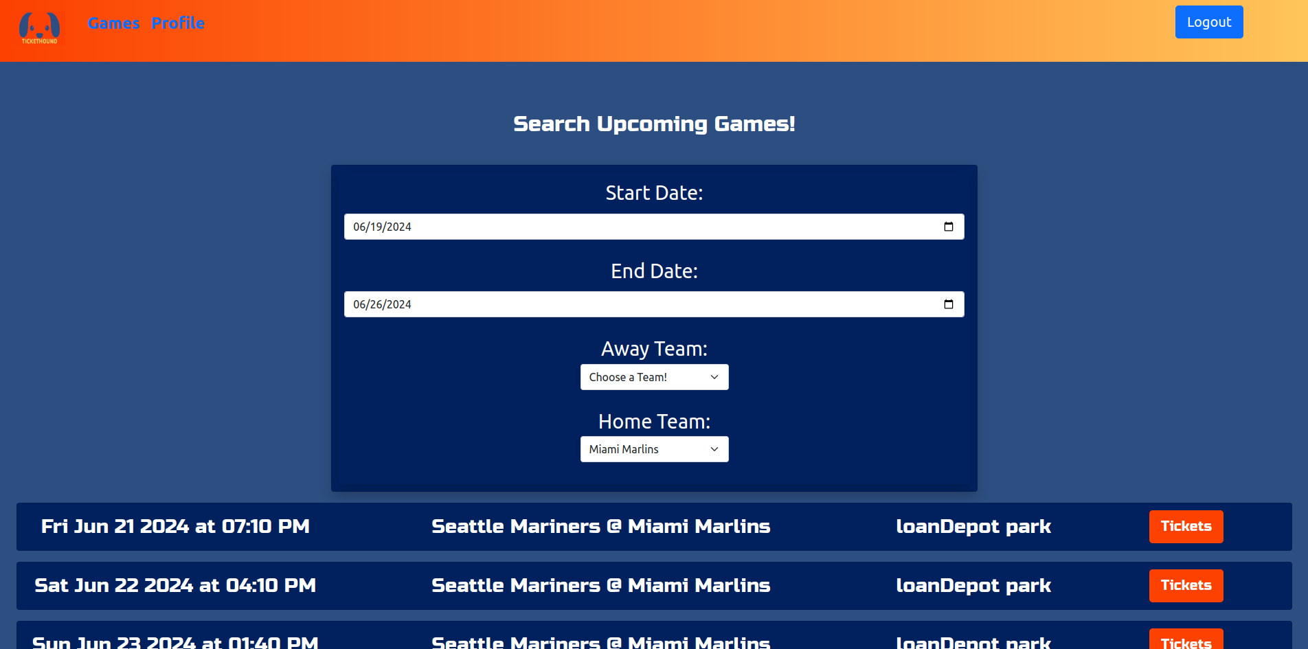 TicketHound game search page