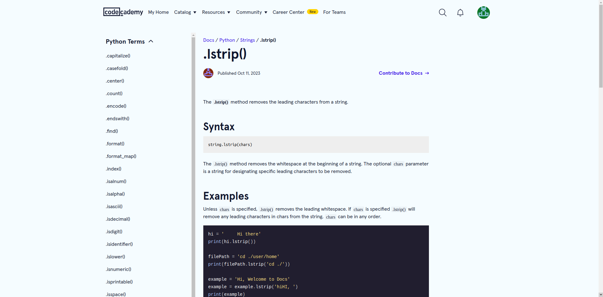.lstrip codecademy docs page